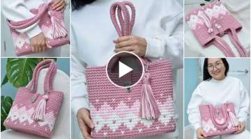 Tote Bag Diamond from knitted yarn Crochet Medium level of difficulty