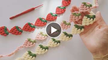 Crochet Strawberry Ribbon: The leaves and vines connect the two needles