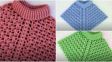 COLLAR PONCHO KNIT WITH Waffle KNIT PATTERN