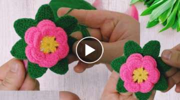 How to make a 3D crocheted three-leafed flower???????????? #knittingflowermaking #bootiedecoratio...