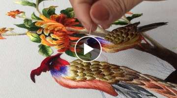 Hand Embroidery Art: Couple Peacocks and Chrysanthemum Flowers