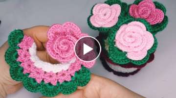 Very easy rose making // easy crochet decorative flower pot????????