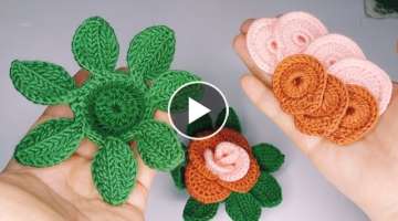 3D ????Easy knitted rose making ???? crochet knitted rose ????#crochetflower #crochet #knitting