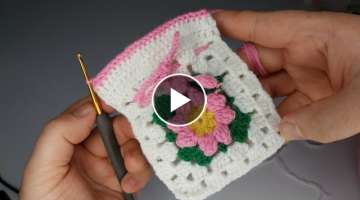 Hand-knitted knitted pouch with drawstring pink green white granny square motif ????????☺