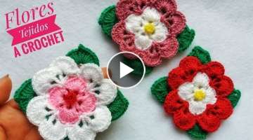 Flores Tejida a Crochet (Tutorial)En un Solo Tejido Flores con Hojas,Fácil y Rápido.