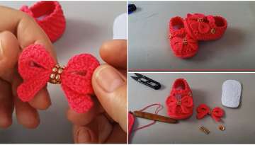 Crocheted Easy Baby Shoes with Bow / For 3-6 months